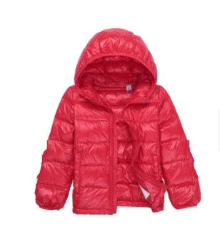 Bright red puffer jacket with hood, front zipper, and quilted design on white background