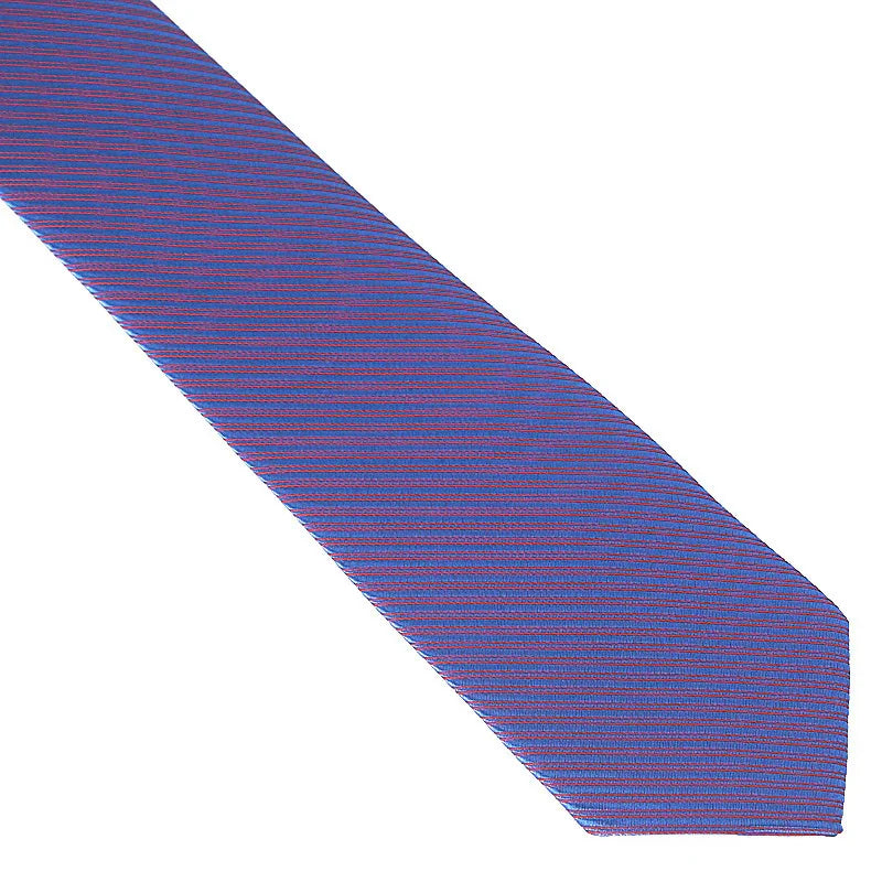 Close-up of a blue necktie with thin red diagonal stripes on white background