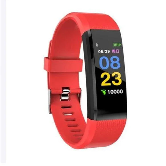 Red fitness tracker wristband with digital display showing time, date, battery, and step count