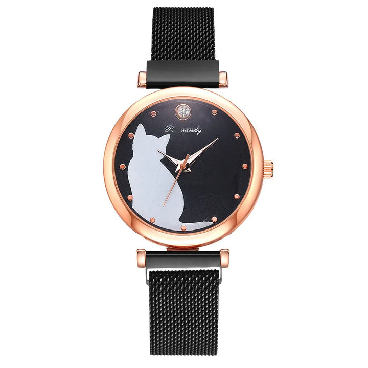 Rose gold watch with black dial featuring white cat silhouette and black mesh strap