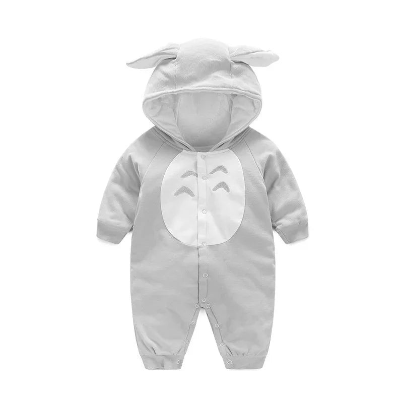 Gray infant onesie with hood and animal ears, front buttons, and white chest patch with stitched shapes