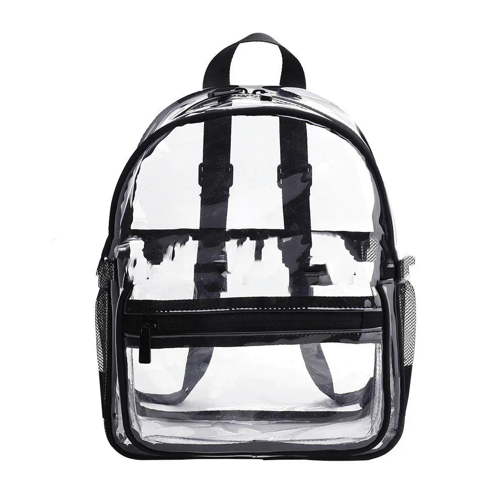 Transparent clear plastic backpack with black straps, zipper pocket, and mesh side pockets