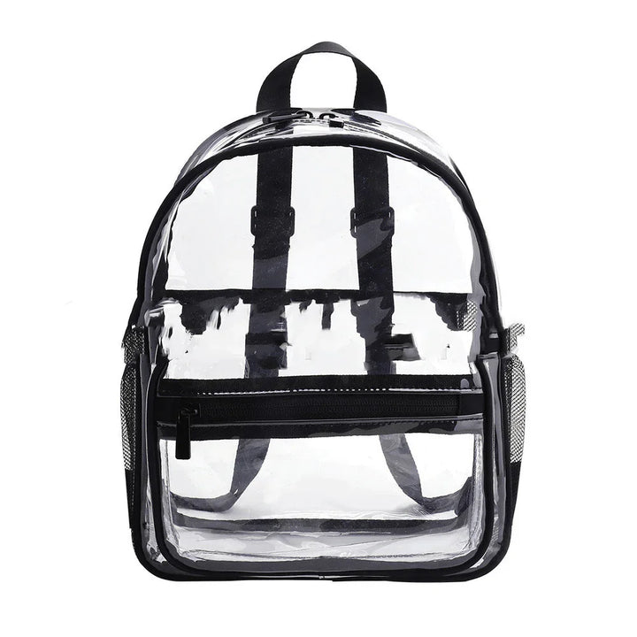 Transparent clear plastic backpack with black straps, zipper pocket, and mesh side pockets