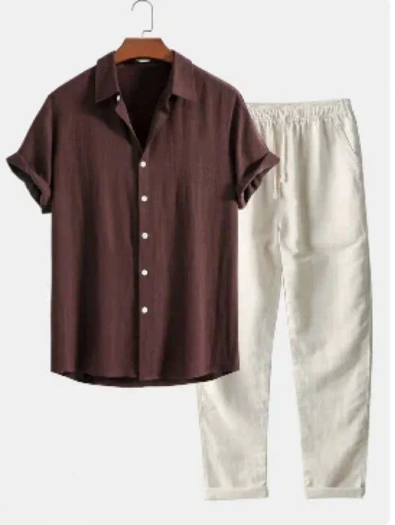 Casual men's outfit with a brown short-sleeve button-up shirt and cream drawstring pants on hanger