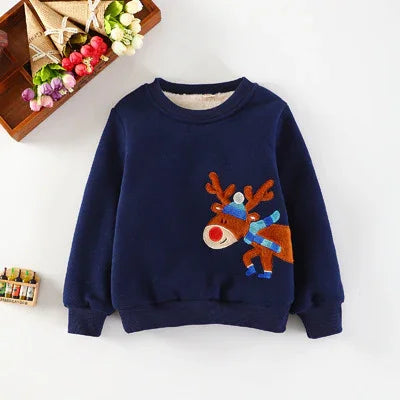 Navy blue children's sweatshirt with a cute reindeer applique wearing a blue hat and scarf