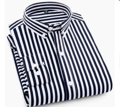 Folded black and white vertical striped button-down shirt with buttoned collar and cuff