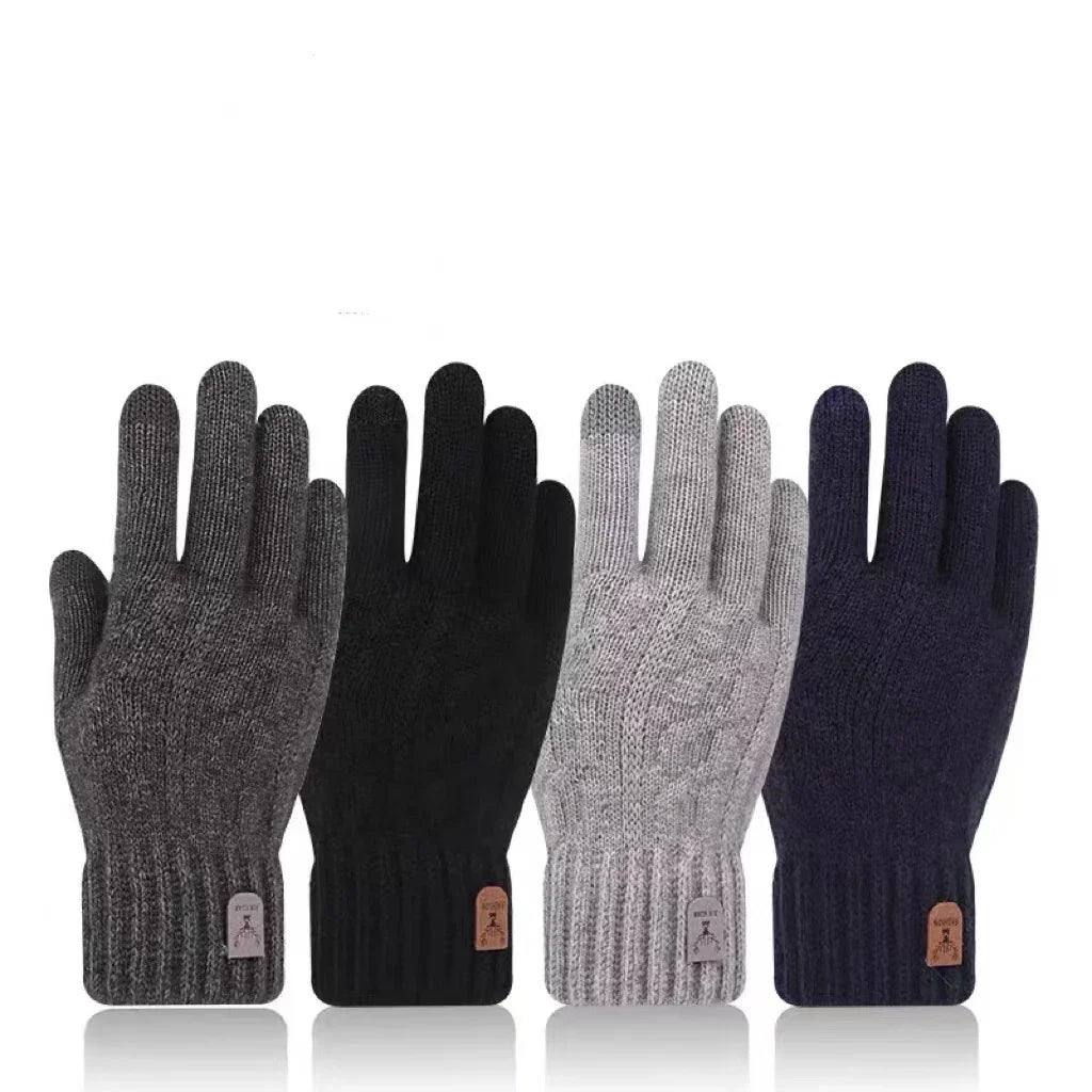 Four pairs of knit touch screen gloves in gray, black, light gray, and navy blue with ribbed cuffs