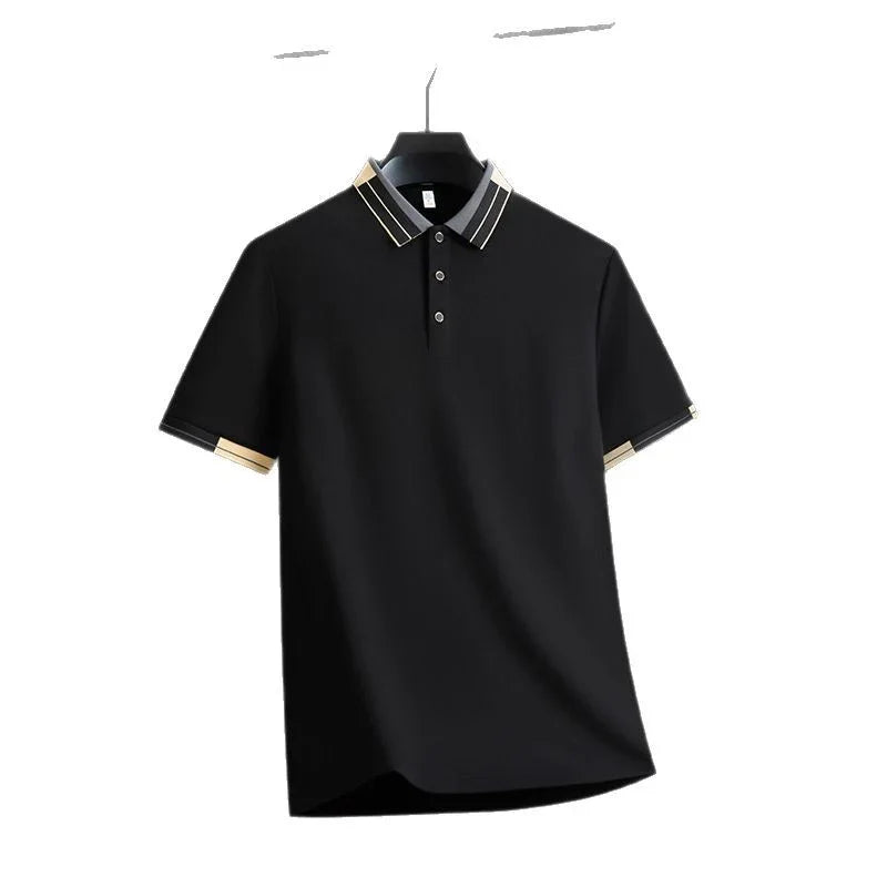 Black polo shirt with striped collar and sleeve cuffs on black hanger against white background