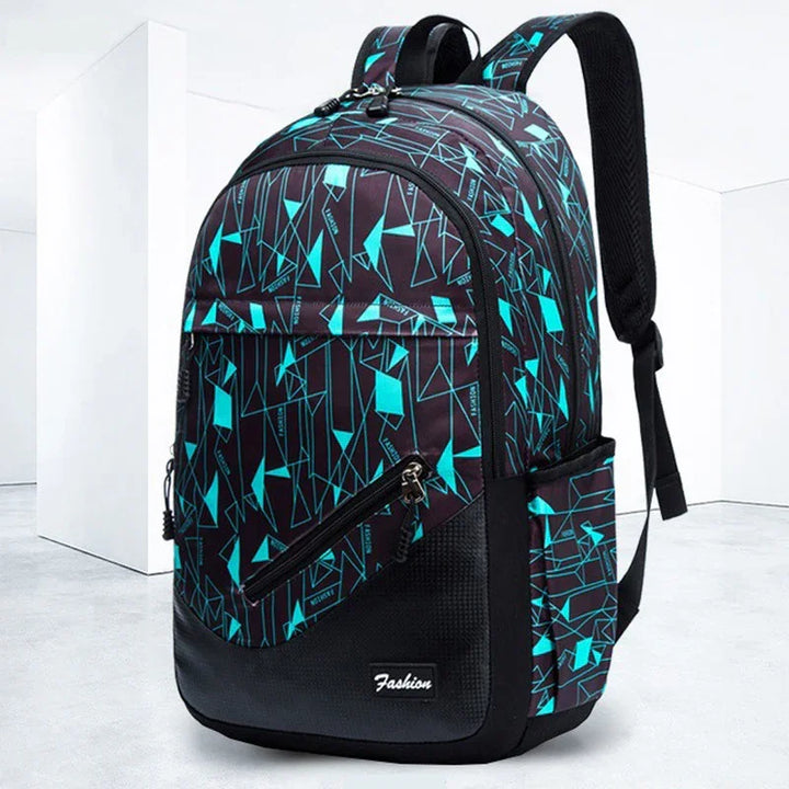 Black and blue geometric pattern backpack with multiple zippered compartments and padded shoulder straps