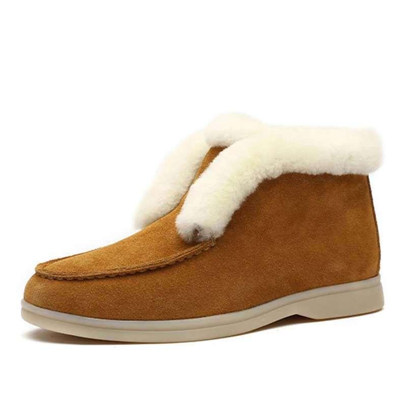 Brown suede winter boot with white shearling lining and beige sole