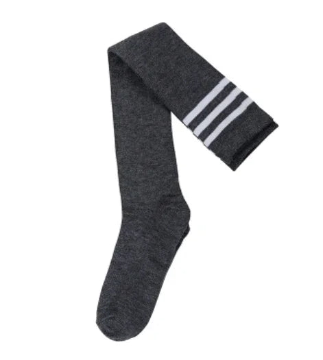 dark gray knee-high sock with three white stripes near the top on white background