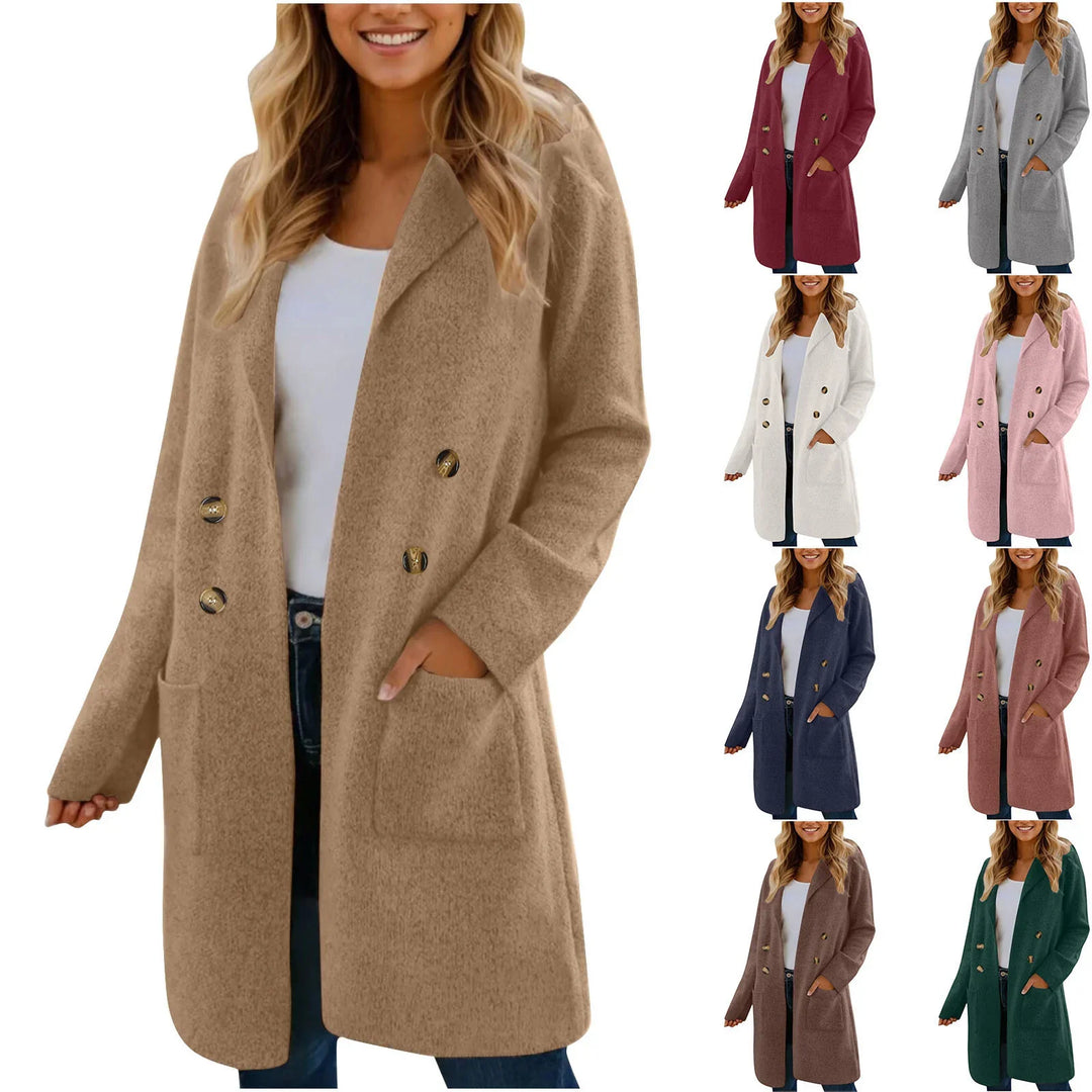 Woman wearing beige double-breasted wool coat with pockets, shown in multiple colors and casual outfit