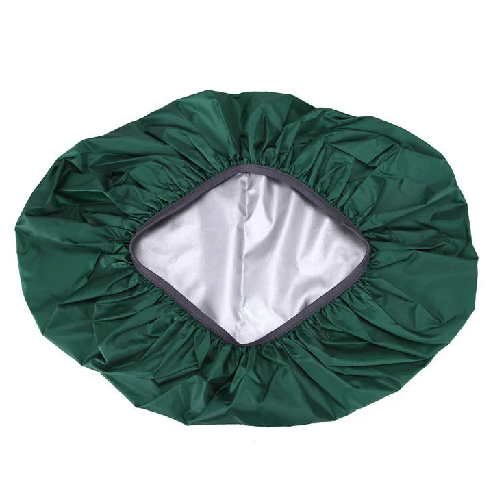 Green waterproof round grill cover with elastic edge and silver inner lining