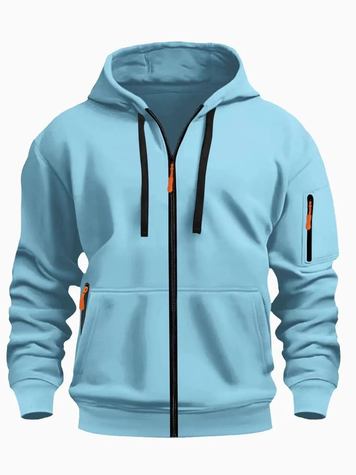 Light blue zip-up hoodie with black zipper, black drawstrings, and orange zipper pulls, front and arm pockets