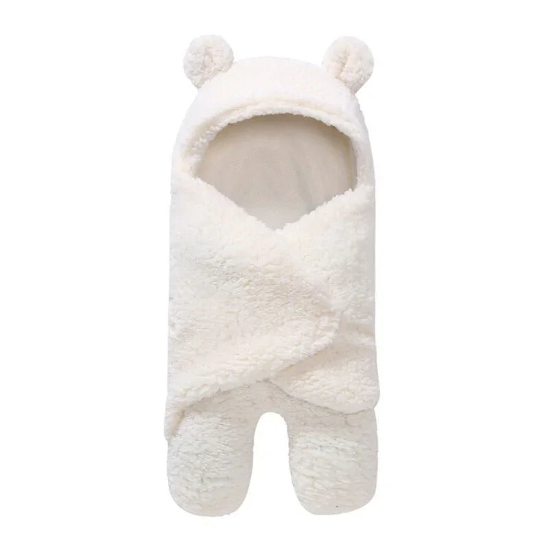 Soft white baby wearable blanket with hood and bear ears, cozy fleece infant sleep sack