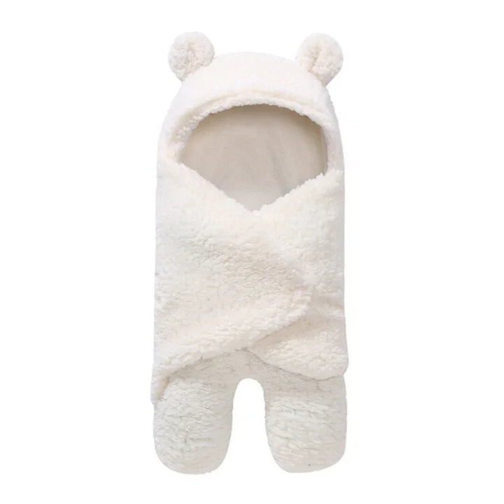 Soft white baby wearable blanket with hood and bear ears, cozy fleece infant sleep sack