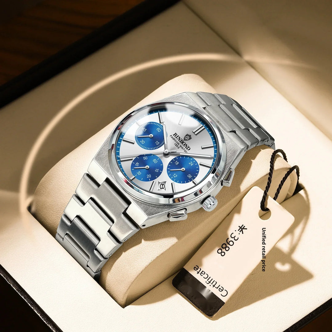 Binbond men's stainless steel chronograph watch with blue subdials in beige display box
