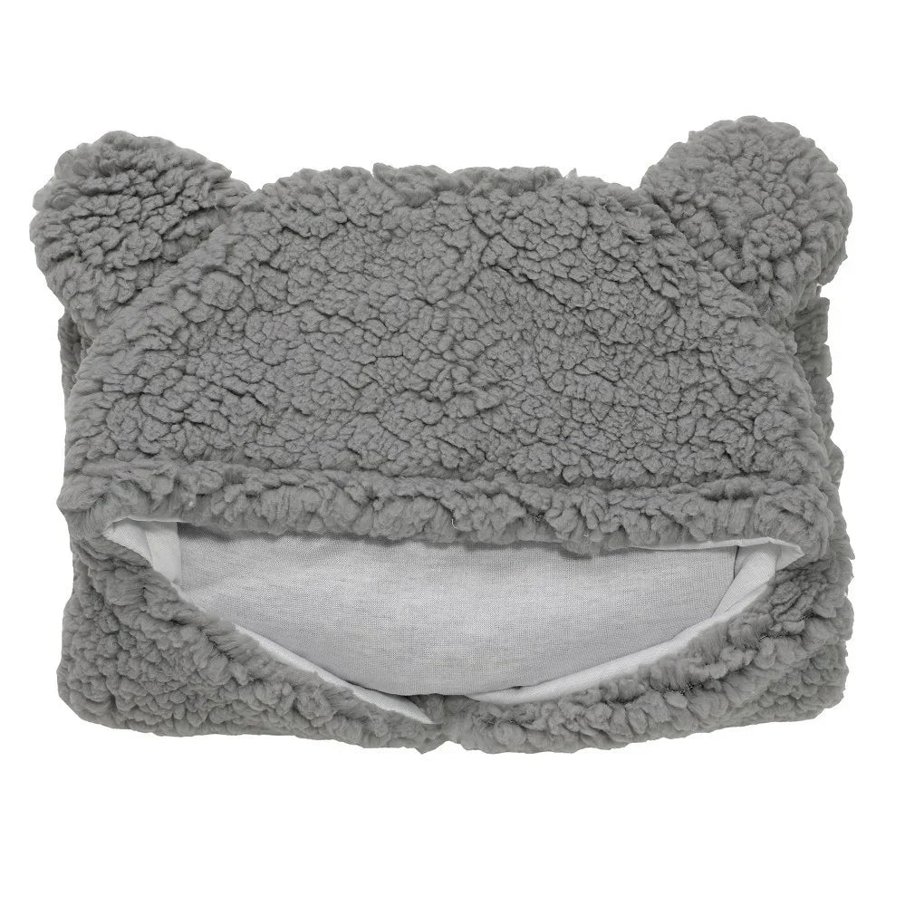Gray sherpa fleece baby hat with bear ears, soft and cozy infant winter accessory