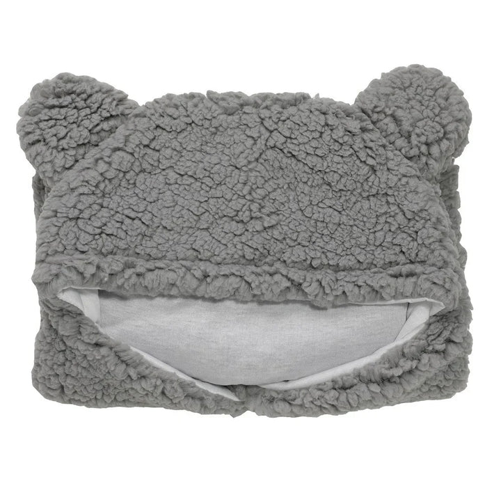 Gray sherpa fleece baby hat with bear ears, soft and cozy infant winter accessory