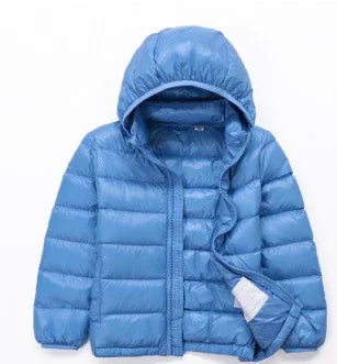 light blue hooded puffer jacket with horizontal quilting and zip front