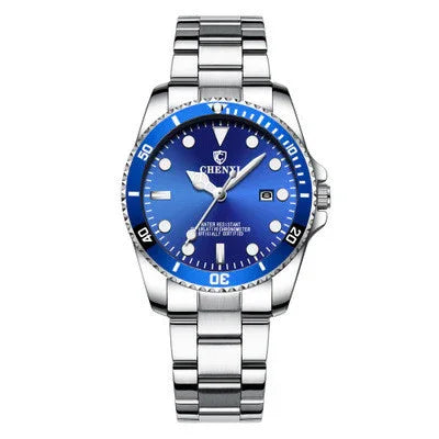 Silver stainless steel CHENXI wristwatch with blue dial and rotating bezel