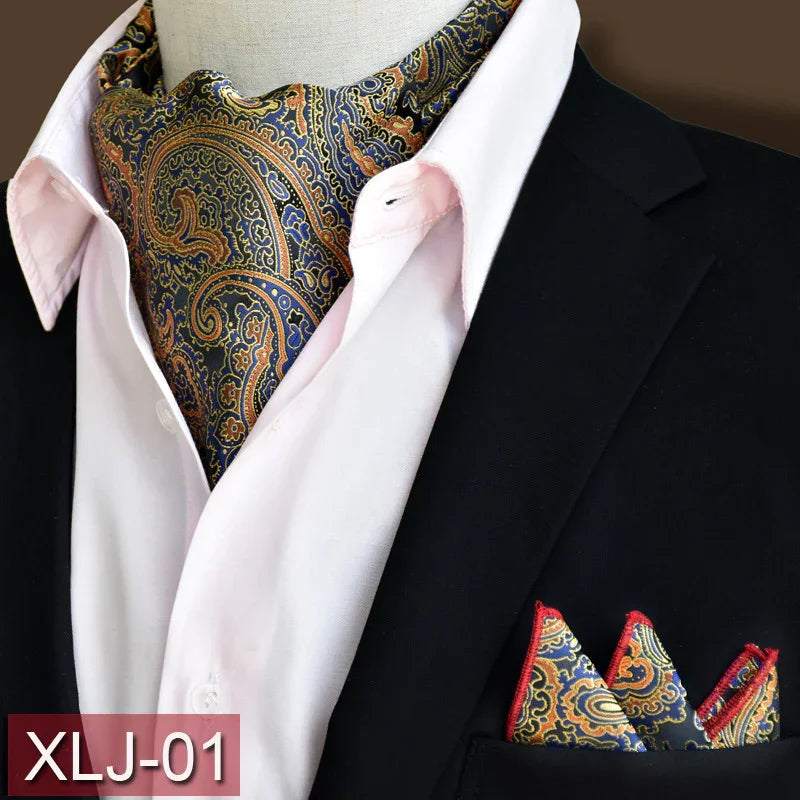 Men's paisley ascot tie and matching pocket square with black blazer and white shirt