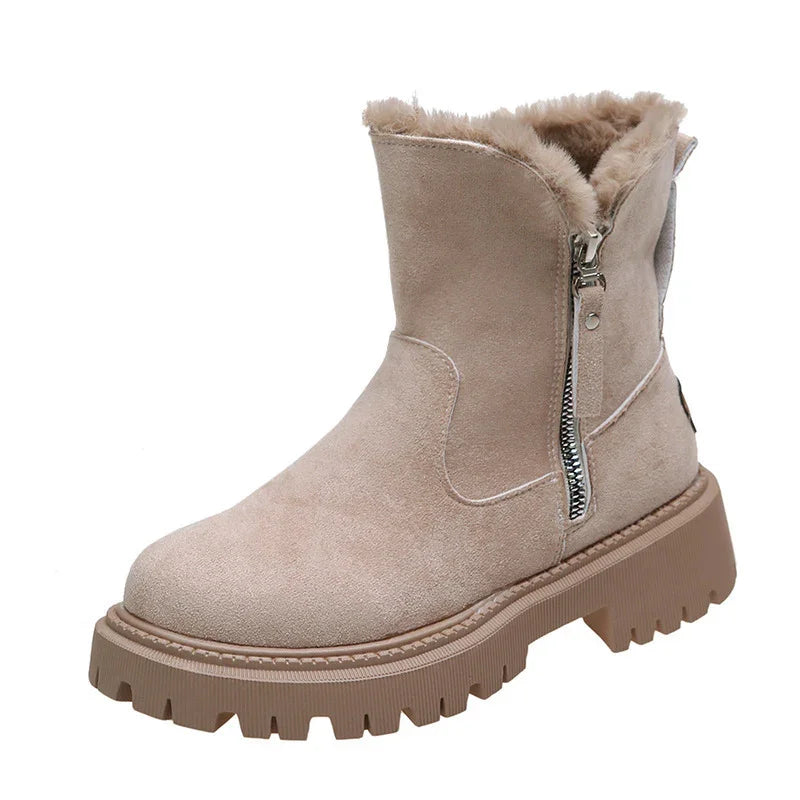 Beige suede winter ankle boot with side zipper and fluffy fur lining, thick tread sole