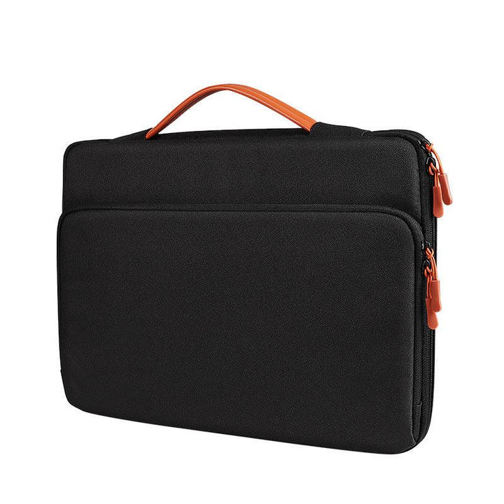 Black laptop sleeve with orange handle and dual orange zipper pulls on white background