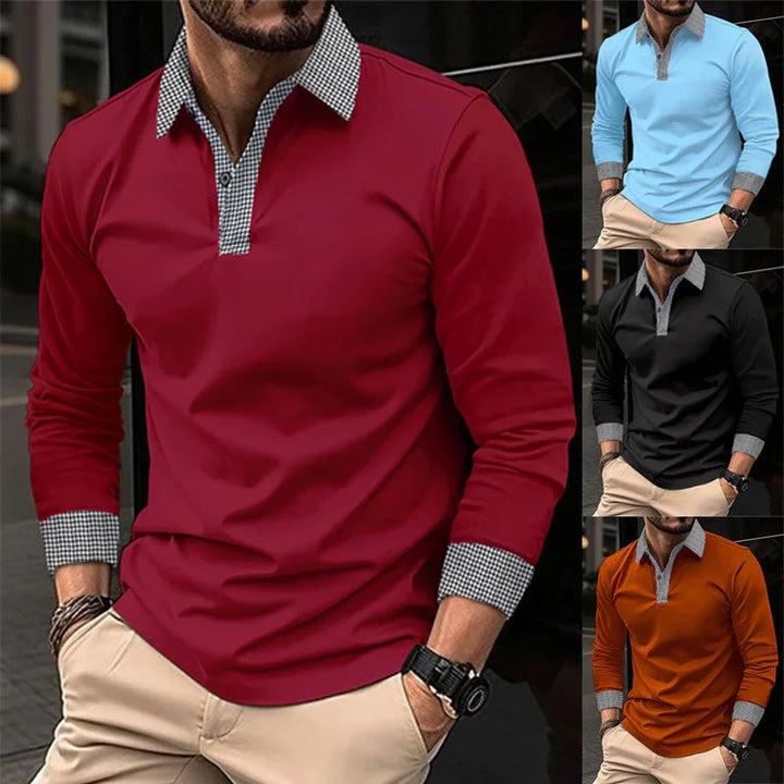 Men's long sleeve polo shirts in red, blue, black, and orange with checkered collars and cuffs