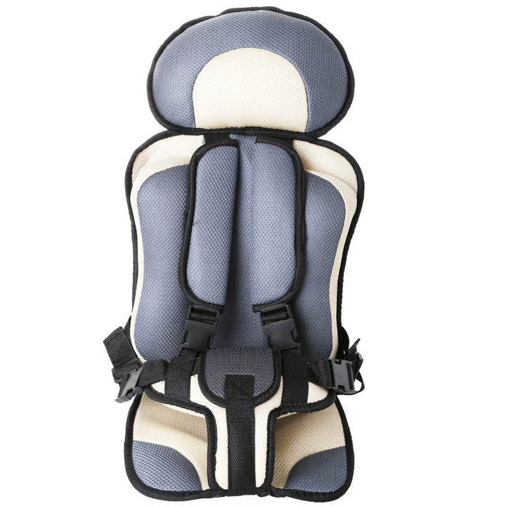 Gray and cream padded child safety car seat harness with adjustable straps and buckles