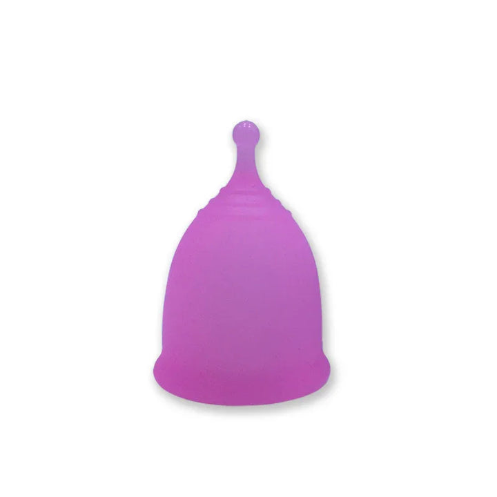Purple silicone menstrual cup with a rounded stem on white background