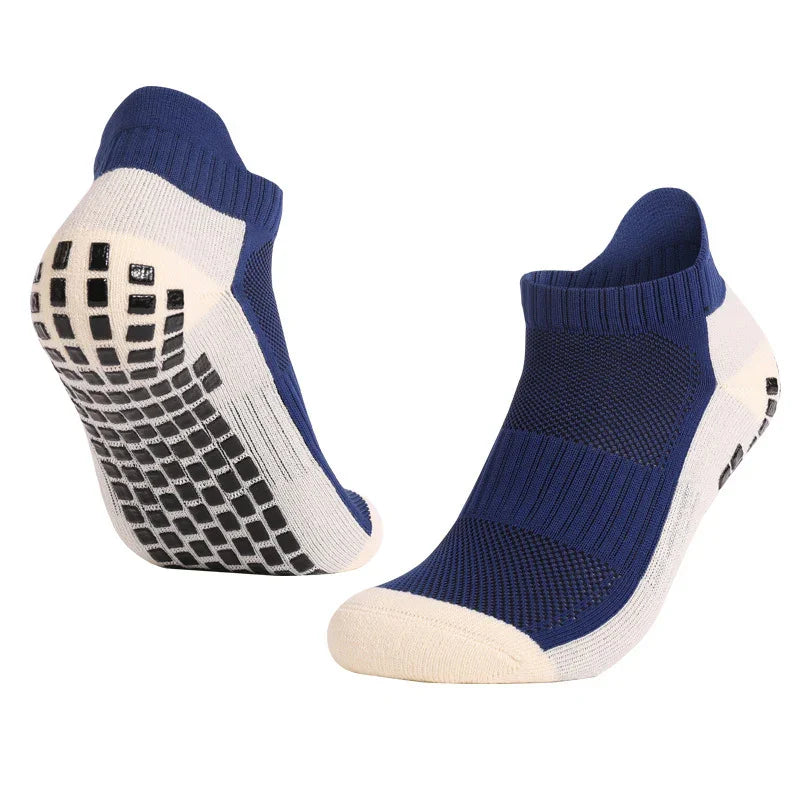 Blue and white non-slip grip ankle socks with cushioned sole and elastic arch support