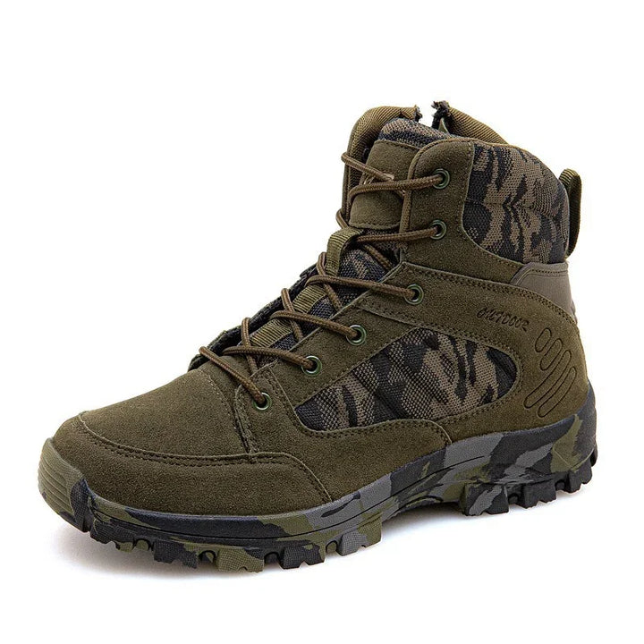 olive green tactical boot with camouflage fabric and rugged sole on white background