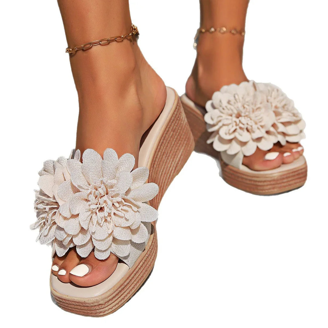 Womens platform wedge sandals with large beige flower decor and ankle bracelets