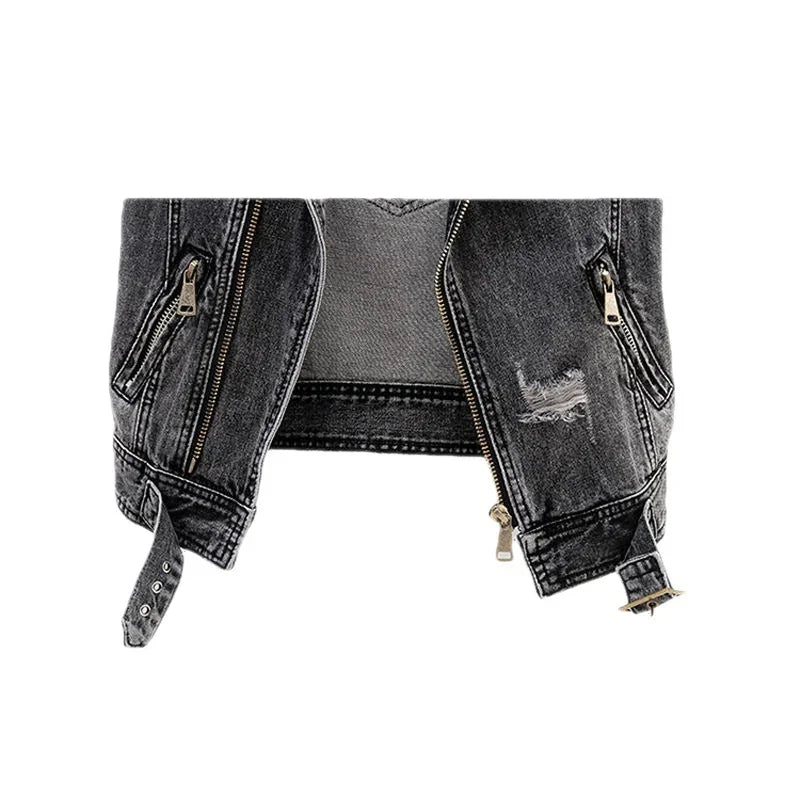 Black distressed denim jacket front with zippered pockets and adjustable buckles