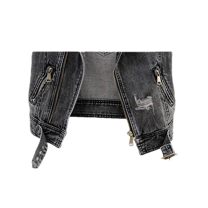 Black distressed denim jacket front with zippered pockets and adjustable buckles