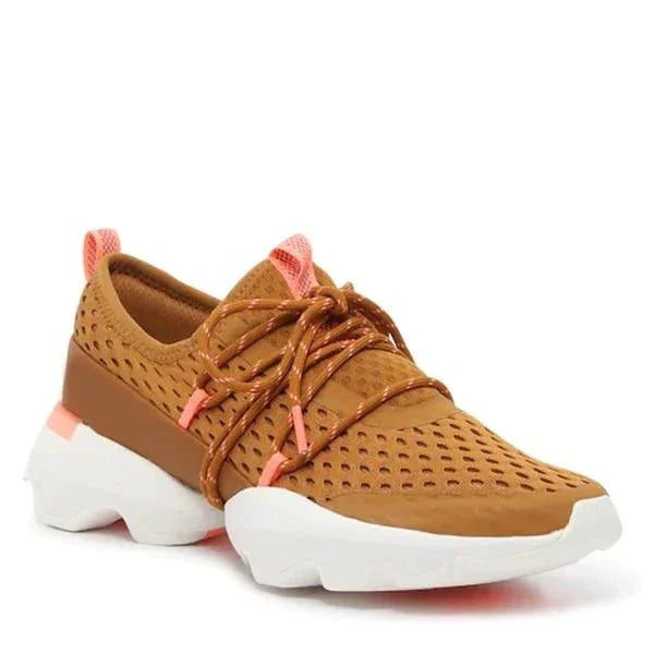 Brown mesh sneaker with white chunky sole and pink accents on white background