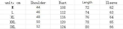 Clothing size chart displaying shoulder, bust, length, and sleeve measurements in centimeters for sizes M to 3XL