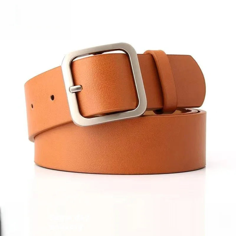 Tan leather belt with square silver buckle on white background