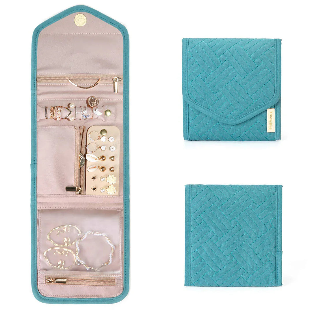 Teal quilted jewelry organizer pouch shown closed and open with gold and pearl earrings inside