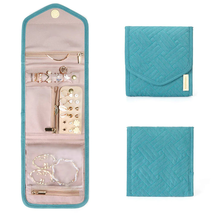 Teal quilted jewelry organizer pouch shown closed and open with gold and pearl earrings inside