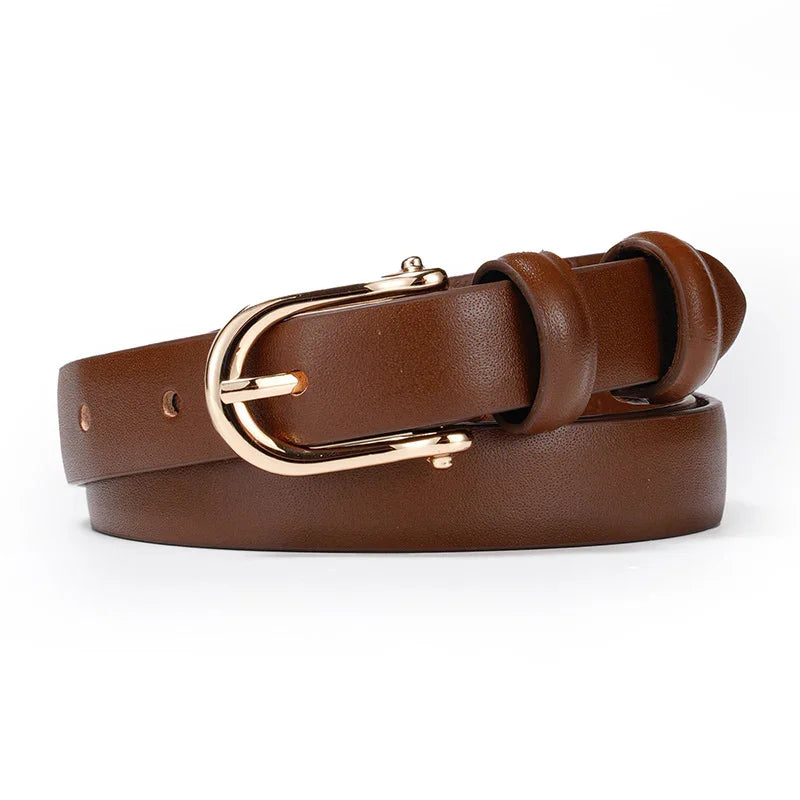 Brown leather belt with gold buckle and double loops, stylish and durable fashion accessory