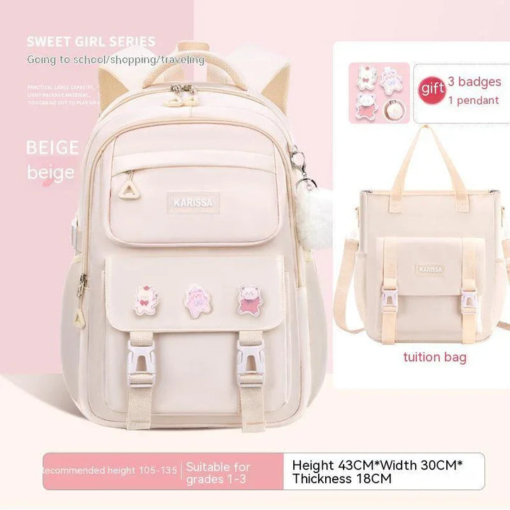 Beige KARISSA backpack and tuition bag for girls with cartoon badges, ideal for school and travel