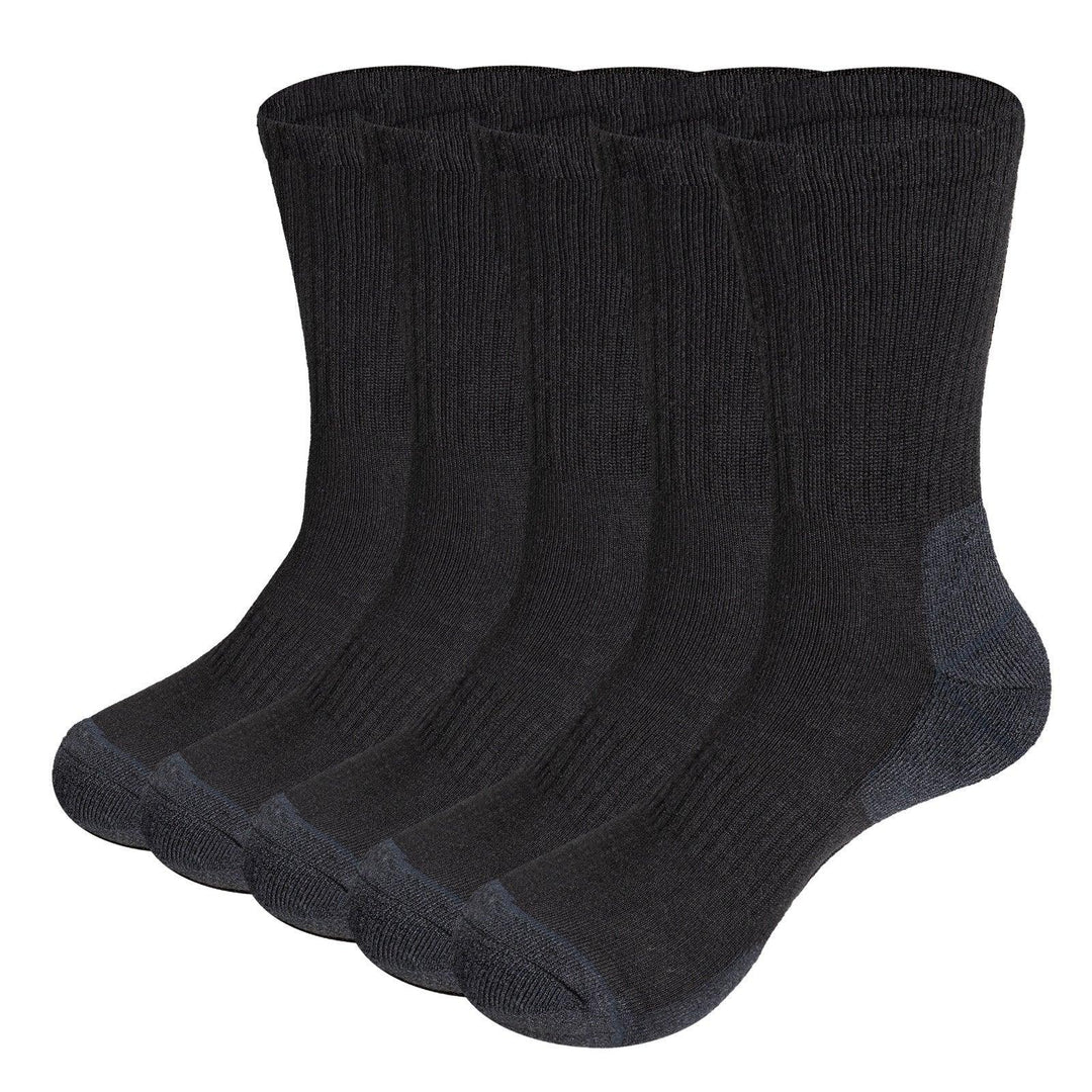 Pack of five black crew socks with reinforced heels and toes, ribbed cuffs for comfort
