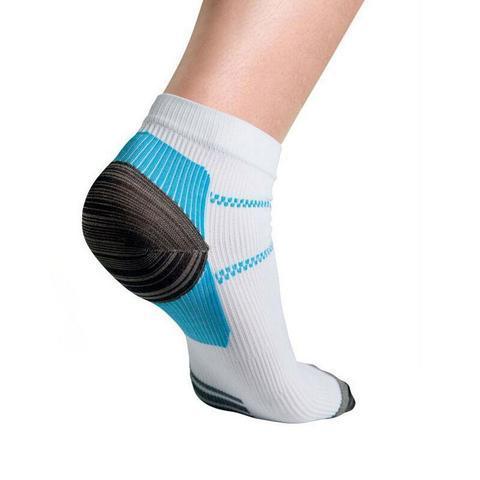 Close-up of foot wearing white ankle sock with blue and black cushioned heel support