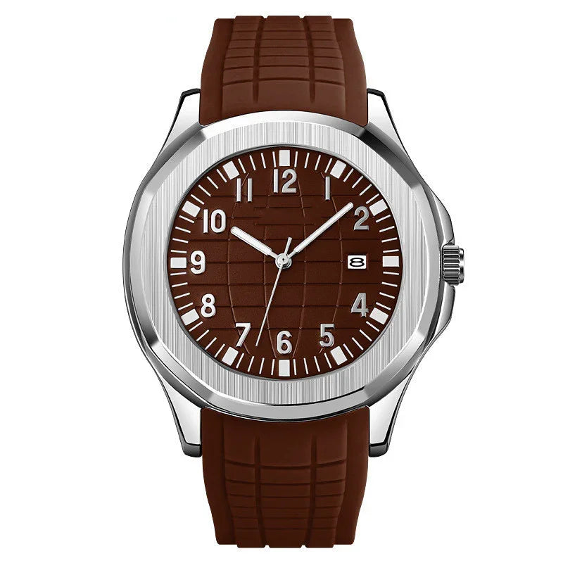 Brown dial wristwatch with silver case and textured brown rubber strap showing time 10:10