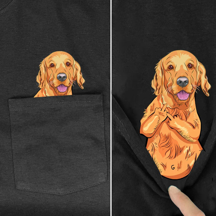 Funny black pocket T-shirt with golden retriever dog cartoon peeking and showing rude gesture