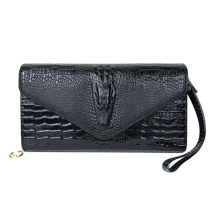 Black crocodile leather clutch wristlet wallet with textured flap and gold zipper