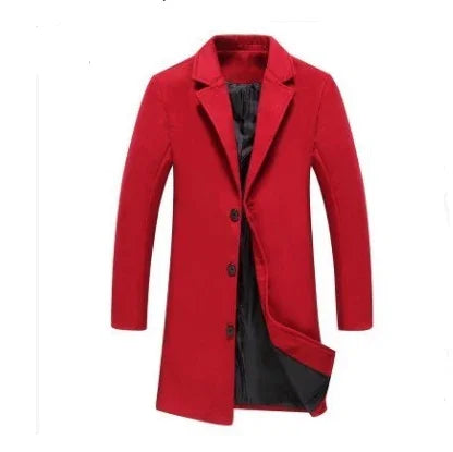 Men's stylish red overcoat with black inner lining, three-button front, and notch lapel collar