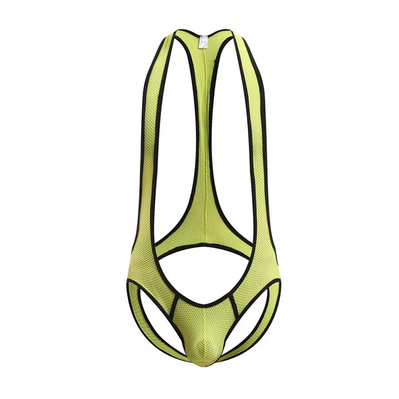 neon green men's mesh singlet bodysuit with black trim on white background